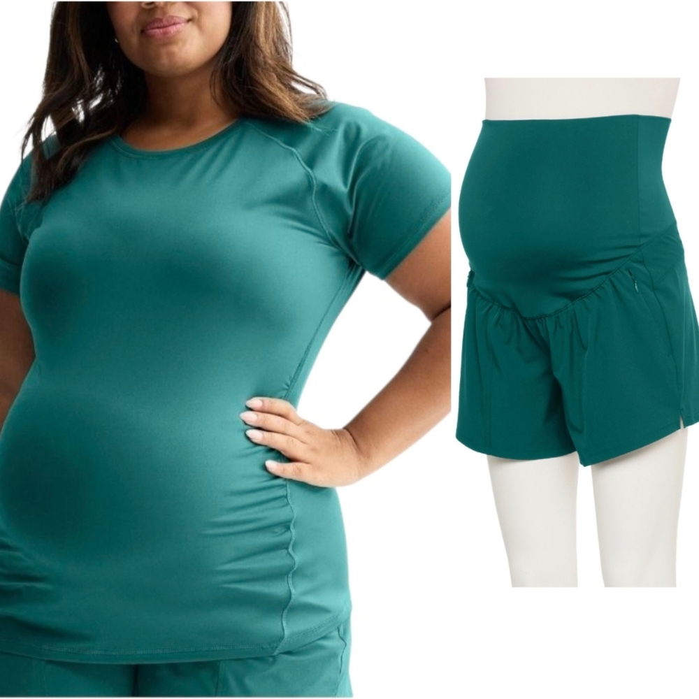 NEW 2 Pc SET 1X MATERNITY OUTFIT ZIP POCKET SHORTS DRI-FIT TOP GREEN TRAVEL NWT